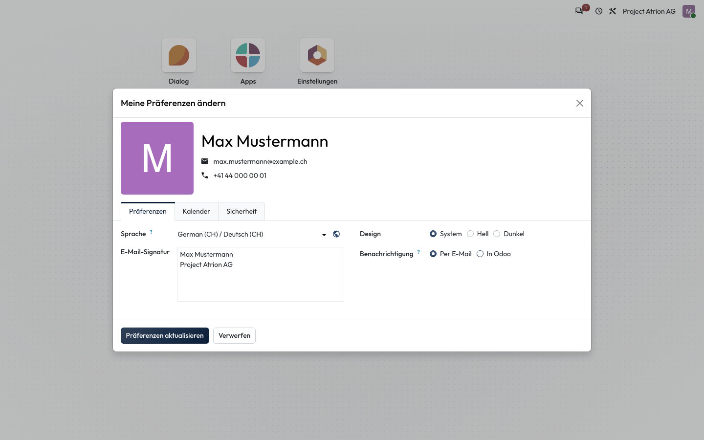 Öffne über dein Profilbild Meine Präferenzen und wähle unter Benachrichtigung entweder Per E-Mail oder In Odoo